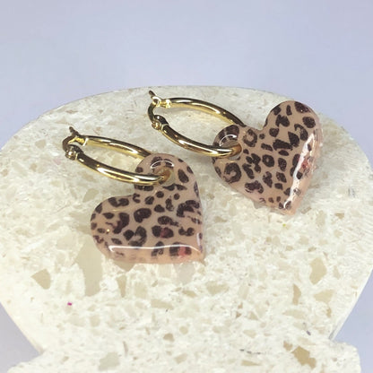 Boucles d'Oreilles Créoles Pampilles Cœurs - Léopard Beige