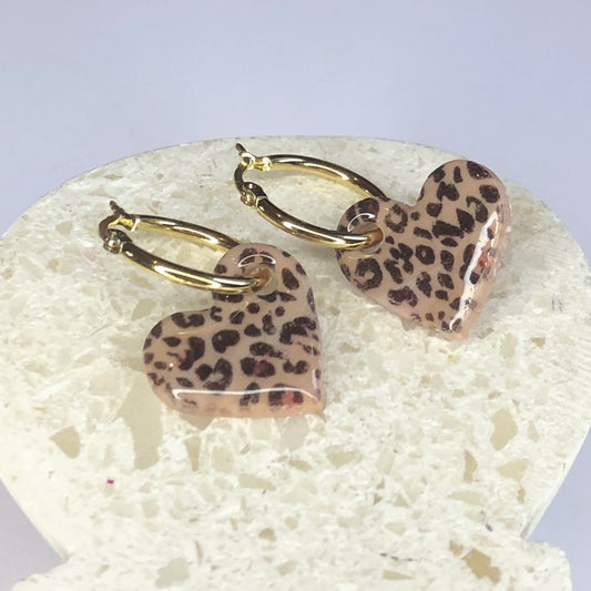 Boucles d'Oreilles Créoles Pampilles Cœurs - Léopard Beige