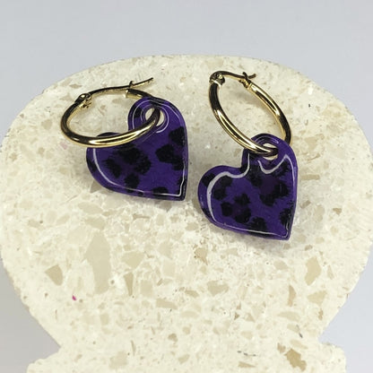 Boucles d'Oreilles Créoles Pampilles Cœurs - Léopard Violet