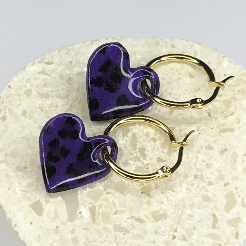 Boucles d'Oreilles Créoles Pampilles Cœurs - Léopard Violet