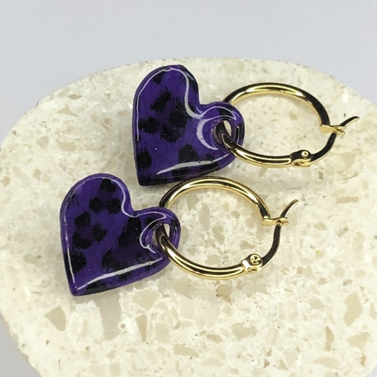 Boucles d'Oreilles Créoles Pampilles Cœurs - Léopard Violet