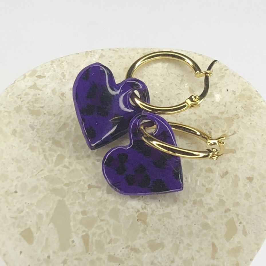 Boucles d'Oreilles Créoles Pampilles Cœurs - Léopard Violet