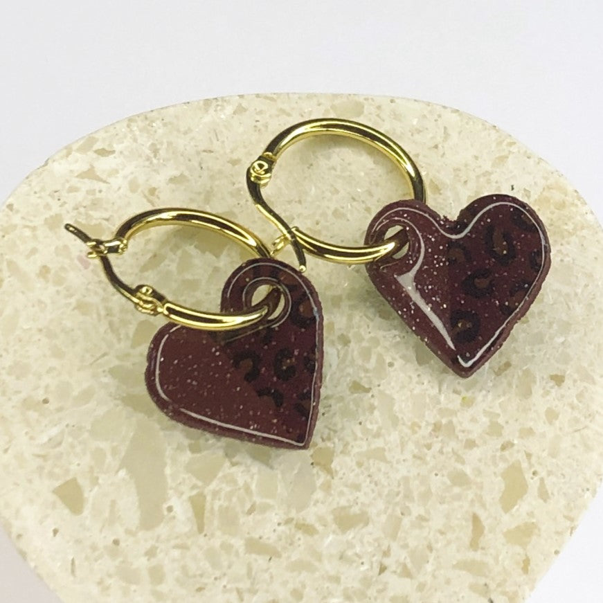 Boucles d'Oreilles Créoles Pampilles Cœurs - Duo Terra Cotta et Léopard
