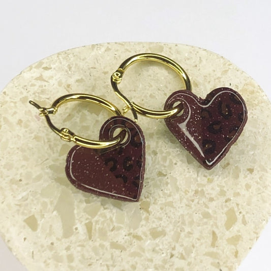 Boucles d'Oreilles Créoles Pampilles Cœurs - Duo Terra Cotta et Léopard