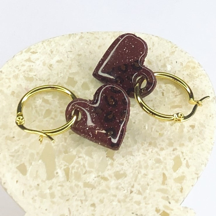 Boucles d'Oreilles Créoles Pampilles Cœurs - Duo Terra Cotta et Léopard
