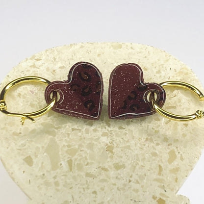 Boucles d'Oreilles Créoles Pampilles Cœurs - Duo Terra Cotta et Léopard