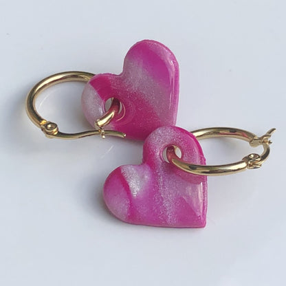 Boucles d'Oreilles Créoles Pampilles Cœurs - Rose Nacré