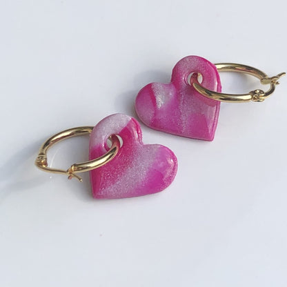 Boucles d'Oreilles Créoles Pampilles Cœurs - Rose Nacré