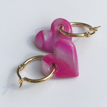 Boucles d'Oreilles Créoles Pampilles Cœurs - Rose Nacré