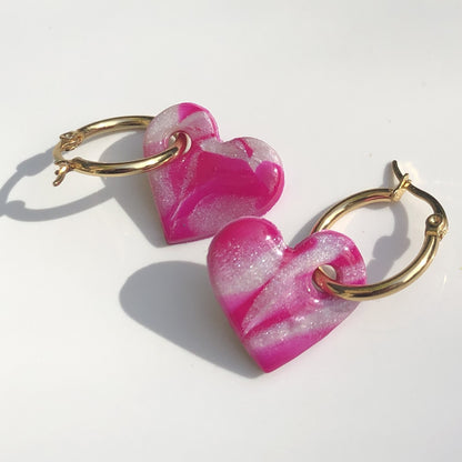 Boucles d'Oreilles Créoles Pampilles Cœurs - Rose Framboise Voilé