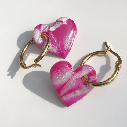 Boucles d'Oreilles Créoles Pampilles Cœurs - Rose Framboise Voilé