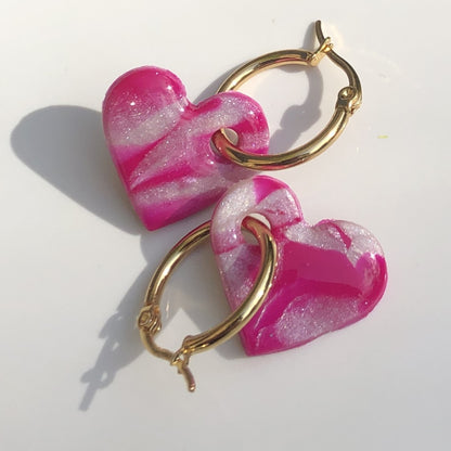 Boucles d'Oreilles Créoles Pampilles Cœurs - Rose Framboise Voilé