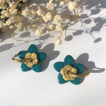 Boucles d'Oreilles Créoles Pampilles Fleurs Duo - Bleu, Jaune