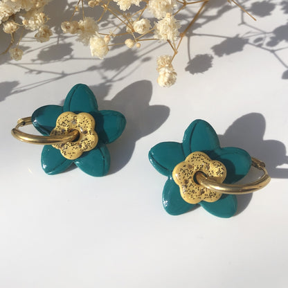 Boucles d'Oreilles Créoles Pampilles Fleurs Duo - Bleu, Jaune