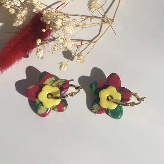 Boucles d'Oreilles Créoles Pampilles Fleurs Duo - Multicolore, Jaune