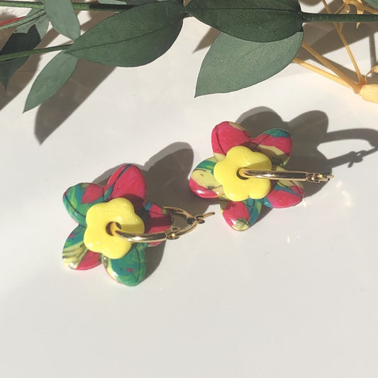Boucles d'Oreilles Créoles Pampilles Fleurs Duo - Multicolore, Jaune