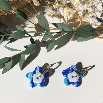 Boucles d'Oreilles Créoles Pampilles Fleurs Duo - Bleu, Bleu Light