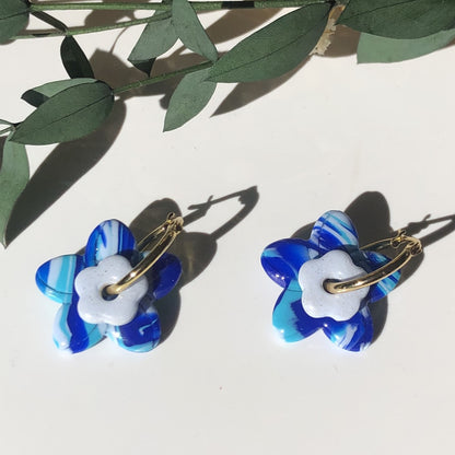 Boucles d'Oreilles Créoles Pampilles Fleurs Duo - Bleu, Bleu Light