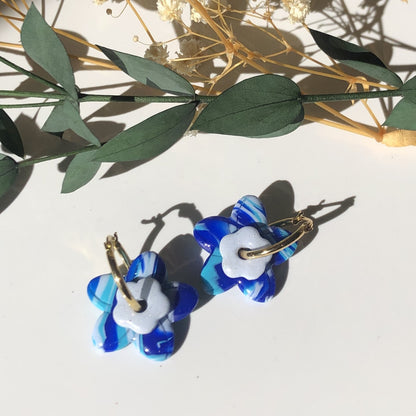 Boucles d'Oreilles Créoles Pampilles Fleurs Duo - Bleu, Bleu Light
