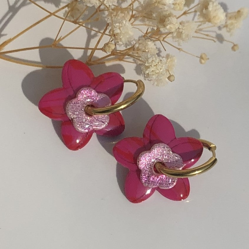 Boucles d'Oreilles Créoles Pampilles Fleurs Duo - Rose Fuchsia, Rose Light