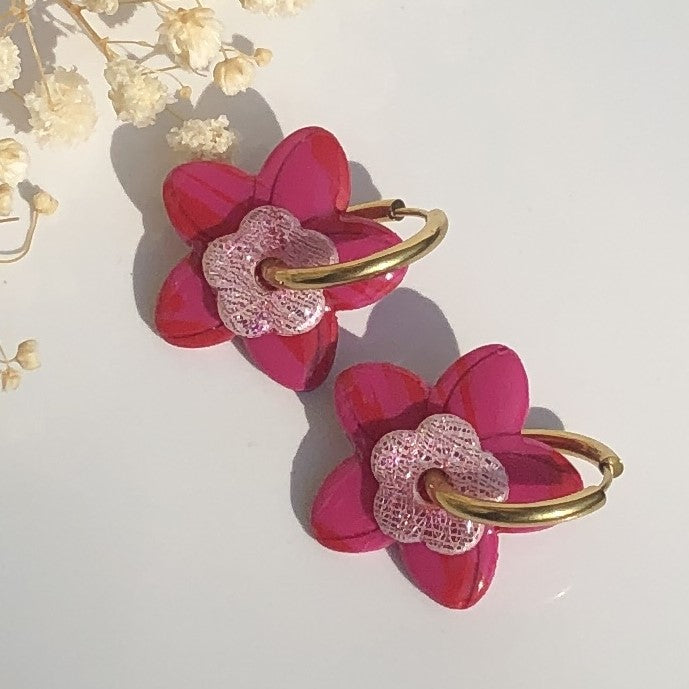 Boucles d'Oreilles Créoles Pampilles Fleurs Duo - Rose Fuchsia, Rose Light