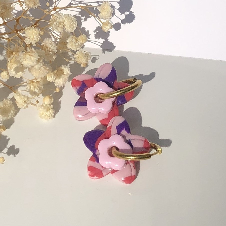 Boucles d'Oreilles Créoles Pampilles Fleurs Duo - Bleu, Rose Light