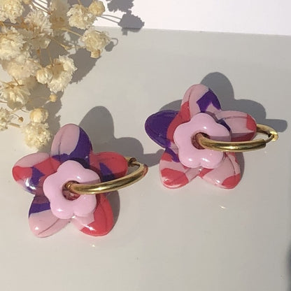 Boucles d'Oreilles Créoles Pampilles Fleurs Duo - Bleu, Rose Light