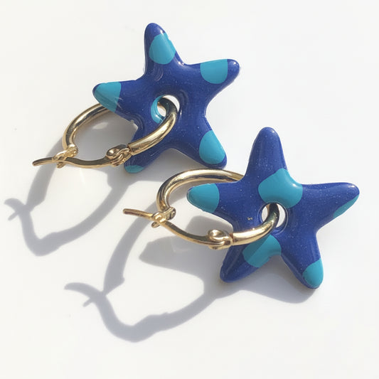 Boucles d'Oreilles Créoles Pampilles Etoiles - Bleu Roi et Bleu Menthe