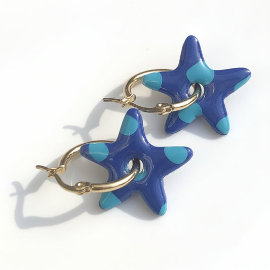 Boucles d'Oreilles Créoles Pampilles Etoiles - Bleu Roi et Bleu Menthe