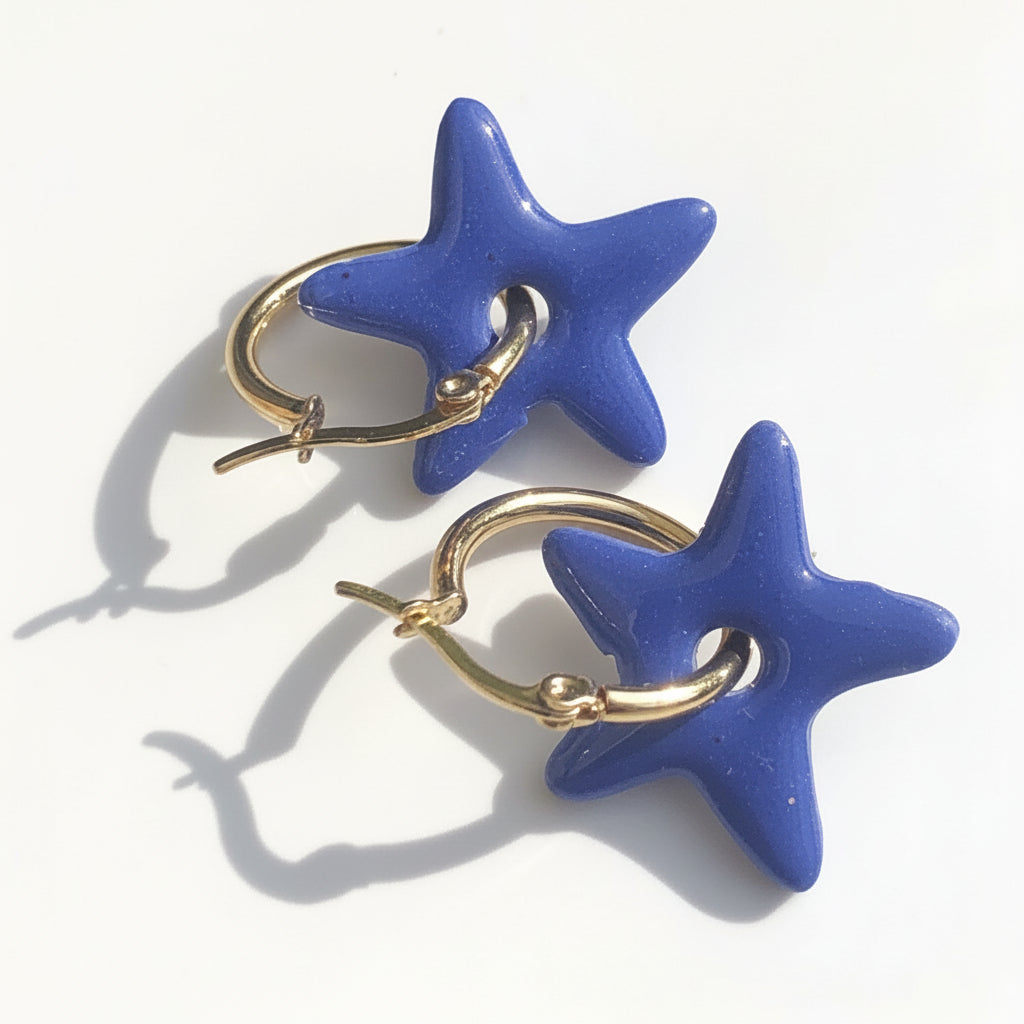 Boucles d'Oreilles Créoles Pampilles Etoiles - Bleu Roi Nacré