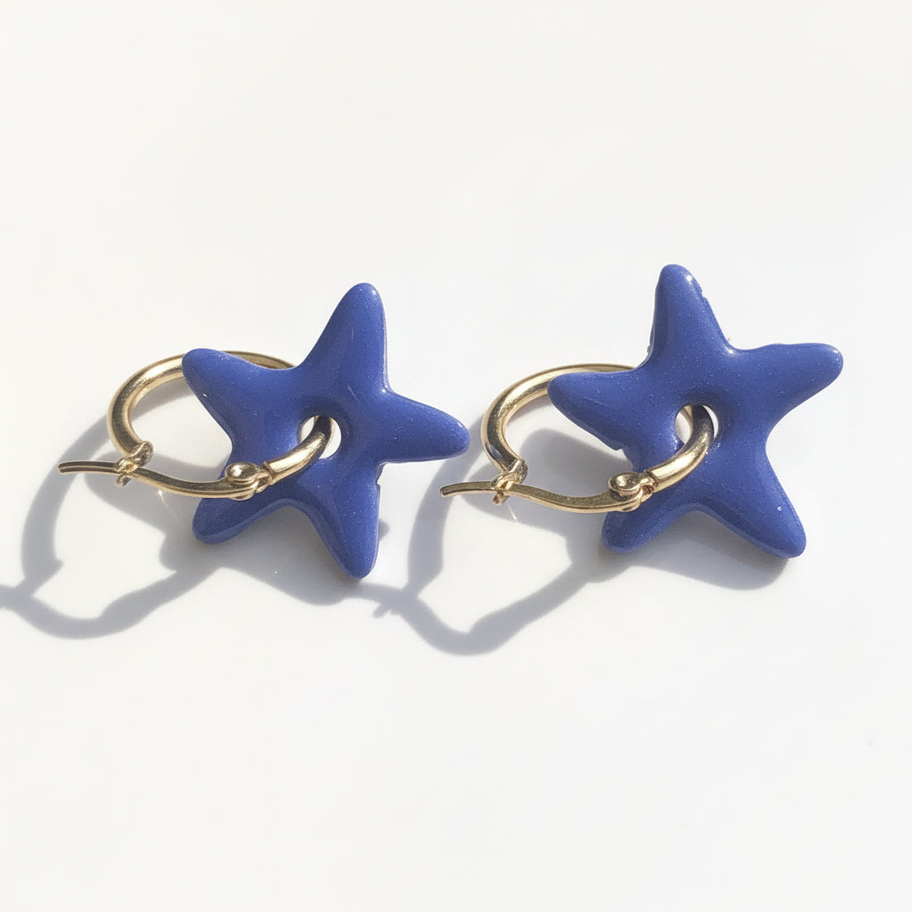 Boucles d'Oreilles Créoles Pampilles Etoiles - Bleu Roi Nacré