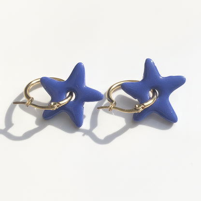 Boucles d'Oreilles Créoles Pampilles Etoiles - Bleu Roi Nacré