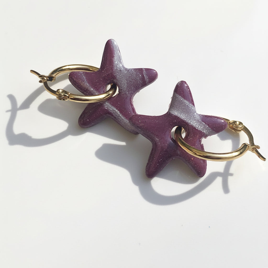Boucles d'Oreilles Créoles Pampilles Etoiles - Violet Cassis