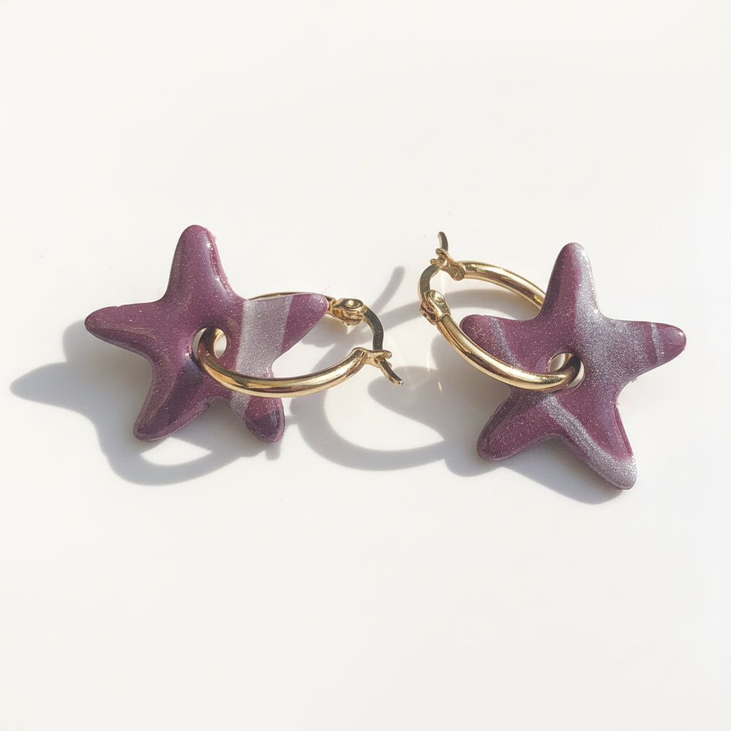 Boucles d'Oreilles Créoles Pampilles Etoiles - Violet Cassis