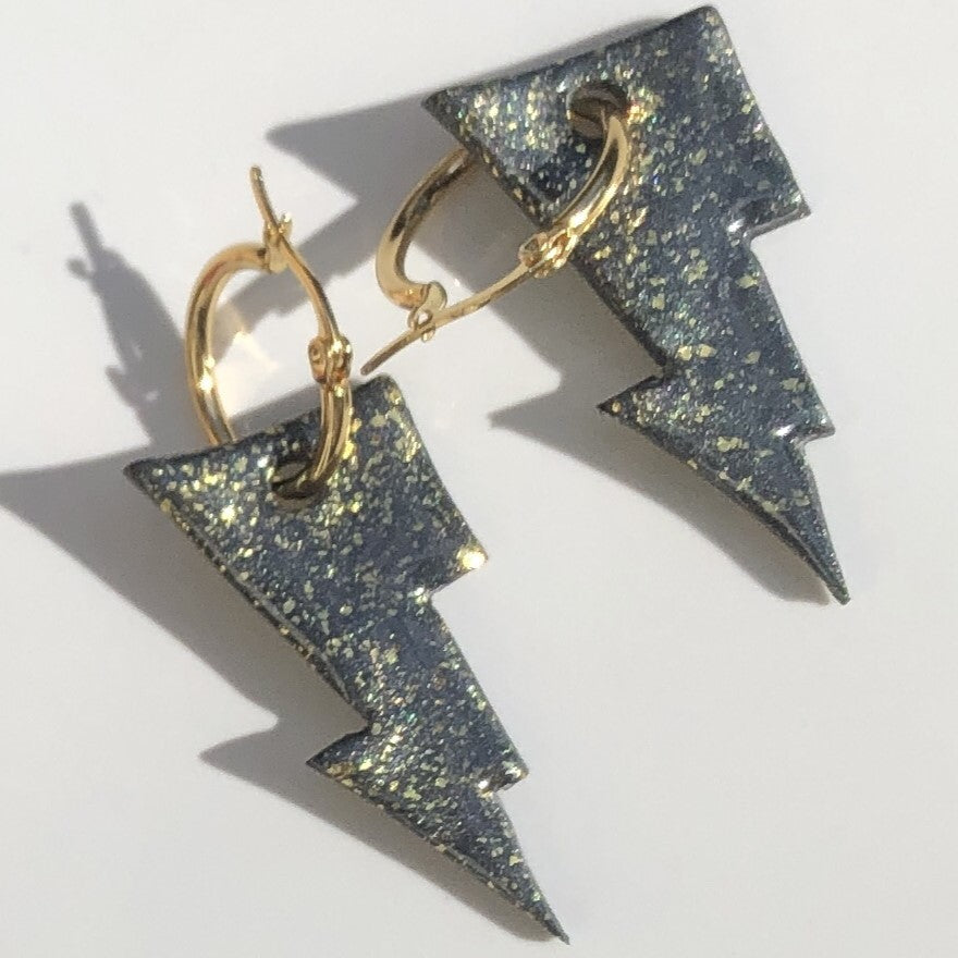 Boucles d'Oreilles Créoles Pampilles Eclairs - Gris Foncé Métallisé et Or