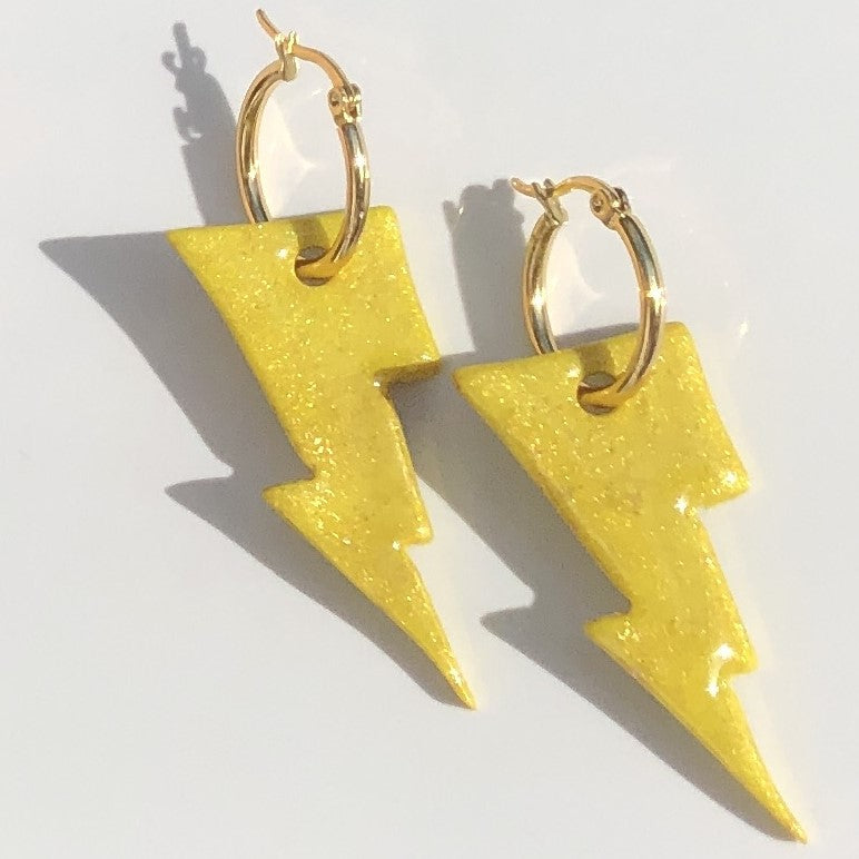 Boucles d'Oreilles Créoles Pampilles Eclairs - Jaune Soleil et Or