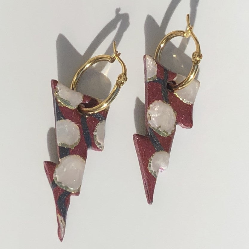 Boucles d'Oreilles Créoles Pampilles Eclairs - Terra Cotta Pailleté, Blanc Nacré et Or