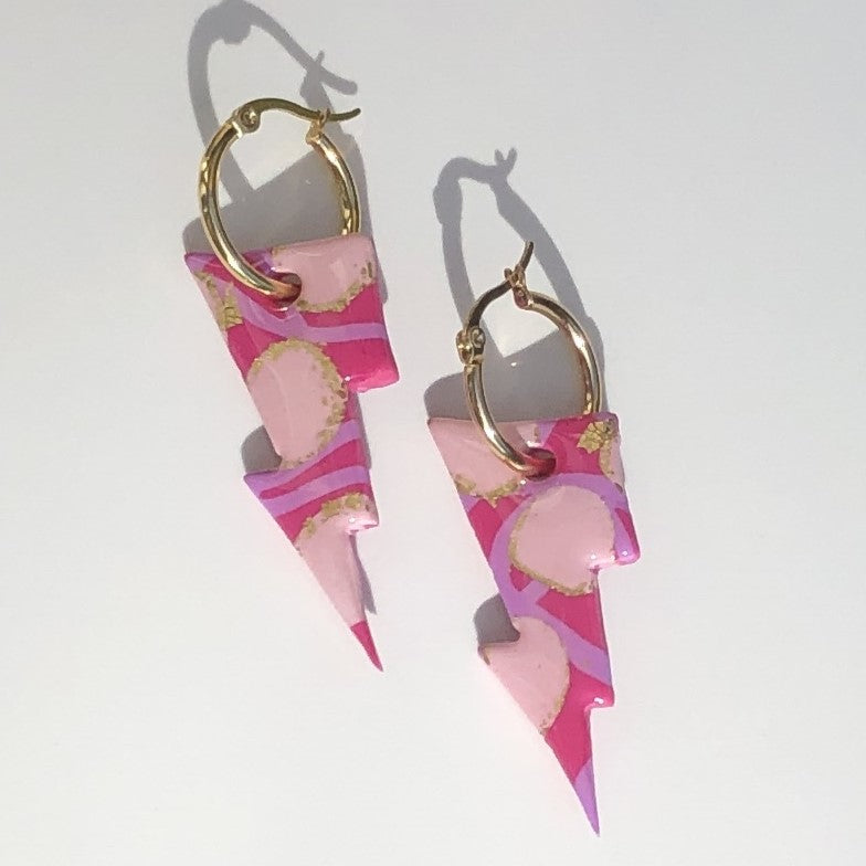 Boucles d'Oreilles Créoles Pampilles Eclairs - Rose Framboise, Rose Light et Or