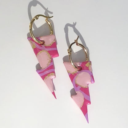 Boucles d'Oreilles Créoles Pampilles Eclairs - Rose Framboise, Rose Light et Or