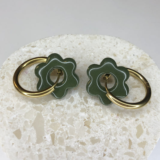 Boucles d'Oreilles Créoles Pampilles Fleurs - Vert Impérial
