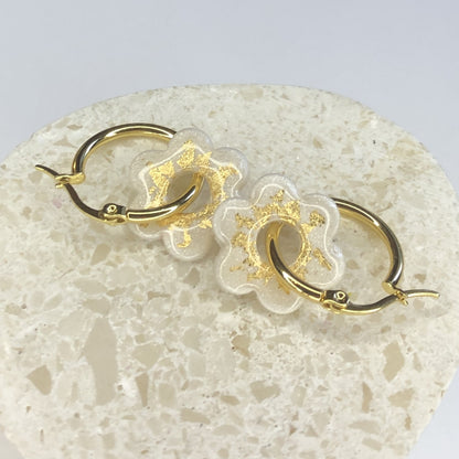 Boucles d'Oreilles Créoles Pampilles Fleurs Soleil - Blanc Nacré Or