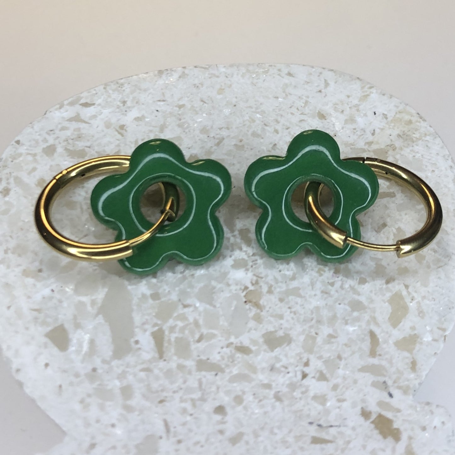 Boucles d'Oreilles Créoles Pampilles Fleurs - Vert Sapin