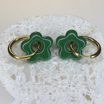Boucles d'Oreilles Créoles Pampilles Fleurs - Vert Sapin