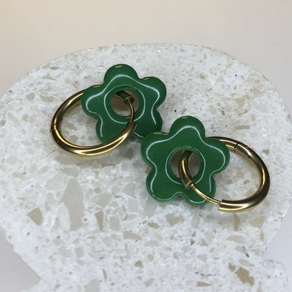 Boucles d'Oreilles Créoles Pampilles Fleurs - Vert Sapin