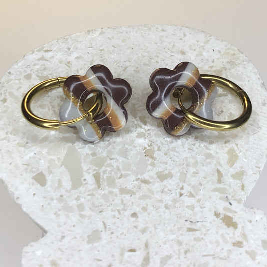Boucles d'Oreilles Créoles Pampilles Fleurs - Chocolat Doré Rayé
