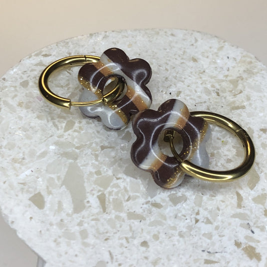 Boucles d'Oreilles Créoles Pampilles Fleurs - Chocolat Doré Rayé