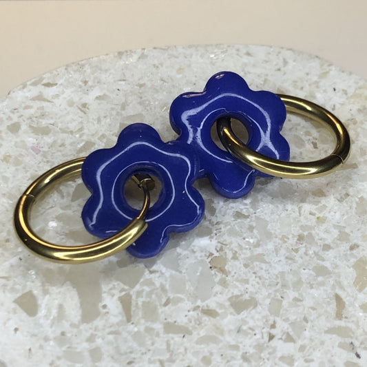 Boucles d'Oreilles Créoles Pampilles Fleurs - Bleu Ultra Marin