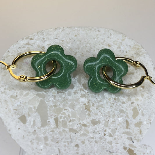Boucles d'Oreilles Créoles Pampilles Fleurs - Vert Sapin