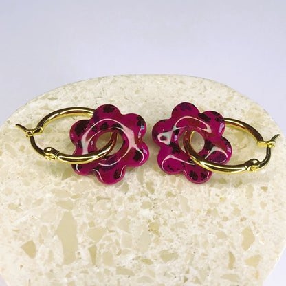 Boucles d'Oreilles Créoles Pampilles Fleurs - Léopard Fuchsia