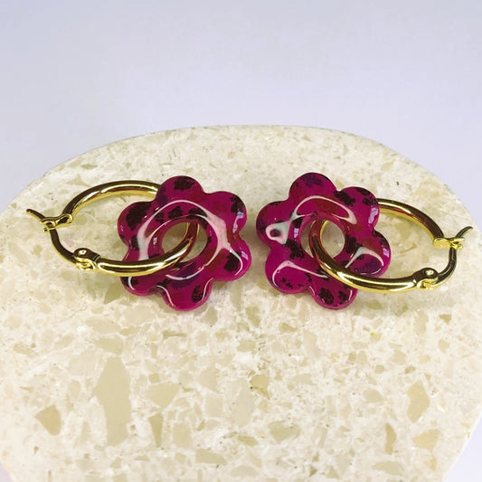 Boucles d'Oreilles Créoles Pampilles Fleurs - Léopard Fuchsia